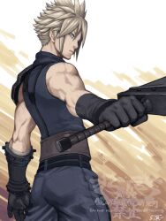  1boy 5tatsu armor belt black_gloves blonde_hair blue_eyes blue_pants blue_sweater buster_sword closed_mouth cloud_strife commentary_request cowboy_shot final_fantasy final_fantasy_vii final_fantasy_vii_remake gloves highres holding holding_sword holding_weapon male_focus multiple_belts pants short_hair shoulder_armor signature single_bare_shoulder sleeveless sleeveless_turtleneck solo spiky_hair sweater sword turtleneck turtleneck_sweater watermark weapon 
