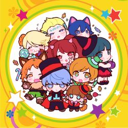  4boys 5girls amagi_yukiko animal_costume black_ribbon blonde_hair blue_eyes blue_hair brown_hair candy chewing chibi chibi_only doujima_nanako dress fang food frankenstein's_monster_costume grey_hair hair_ornament hanamura_yousuke hat highres hongtangmantouhaochi horns jack-o'-lantern jack-o'-lantern_hair_ornament kujikawa_rise kuma_(human)_(persona_4) kuma_(persona_4) lollipop multiple_boys multiple_girls narukami_yu one_eye_closed open_mouth persona persona_4 pink_ribbon red_dress ribbon satonaka_chie shirogane_naoto star_(symbol) tatsumi_kanji v violet_eyes witch witch_hat wolf_costume wrapped_candy 