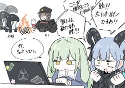  1boy 2girls animal_ears arknights bang_dream! bang_dream!_it's_mygo!!!!! bitey_(arknights) black_jacket black_ribbon blue_hair chibi chibi_only clenched_hands commentary_request computer constricted_pupils cucumber cup drinking_glass eriten_(user_hxkw8454) excited fire floppy_ears gambling green_hair hands_up highres horns jacket jesselton_williams_(arknights) laptop long_hair lop_rabbit_ears multiple_girls open_mouth rabbit_ears rhodes_island_uniform ribbon sidelocks simple_background sticker togawa_sakiko togawa_sakiko_(sarkaz) translation_request upper_body vs wakaba_mutsumi wakaba_mutsumi_(cautus) white_background wine_glass yellow_eyes 