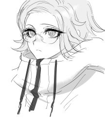  1boy absurdres aotsuki_eito closed_mouth commentary_request cropped_shoulders drawstring eyelashes frown fug_uai glasses greyscale high_collar highres hood hood_down hooded_jacket jacket male_focus monochrome nose_pads short_hair simple_background sketch solo the_hundred_line_-last_defense_academy- white_background 