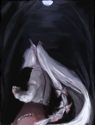  1girl bamboo bamboo_forest bow clenched_hand collared_shirt commentary_request forest fujiwara_no_mokou full_moon grey_hair hair_bow highres long_hair moon multiple_hair_bows murase_uo nature night ofuda ofuda_on_clothes outdoors pants red_pants shirt solo suspenders touhou very_long_hair white_shirt 