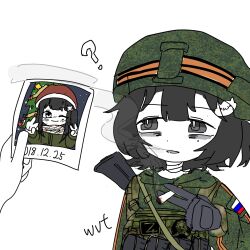  1girl age_comparison aged_down alternate_hair_length_(longer) ammunition_pouch bandaged_neck bandages black_gloves black_hair camouflage camouflage_hat camouflage_helmet camouflage_jacket cat_hair_ornament christmas cigarette coat combat_helmet digital_camouflage double_v flag_patch gloves green_coat green_jacket grey_eyes gun_sling hair_ornament hat helmet highres holding holding_cigarette hood hooded_jacket jacket jephy_0 magazine_(weapon) medium_hair mole mole_under_eye original patch pouch r-chan ribbon_of_saint_george russian_flag russian_ground_forces russo-ukrainian_war scarf smoke smoking soldier tactical_gloves v white_scarf winter_clothes winter_coat z_(russian_symbol) 