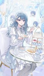  1girl birthday blue_eyes blue_hair blush cake chair collar commentary cup dessert dress eating f0ryourtomorrow food frills garland_(decoration) hair_ribbon happy_birthday highres holding kiritani_haruka long_hair long_sleeves looking_at_viewer open_mouth pantyhose project_sekai ribbon sitting spoon string_of_flags table tea teacup teapot untranslatable_commentary white_dress 