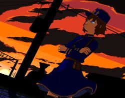  1girl belt belt_pouch blue_eyes blue_hat brown_hair clouds commentary crossed_arms dusk dutch_angle english_commentary hat long_sleeves lowres miniskirt neonlight oekaki orange_sky original pouch short_hair silhouette skirt sky solo sunset train train_conductor utility_pole zettai_ryouiki 