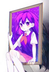  1girl blush bright_pupils chinese_commentary closed_mouth collared_shirt colored_skin commentary_request double-parted_bangs dual_persona hair_behind_ear hair_between_eyes highres long_hair looking_at_viewer makucrp mari_(faraway)_(omori) mari_(headspace)_(omori) mari_(omori) neckerchief omori pleated_skirt purple_hair purple_sweater_vest red_neckerchief red_skirt shirt short_sleeves skirt smile solo sweater_vest violet_eyes white_pupils white_shirt white_skin 
