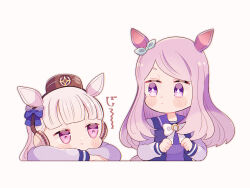  2girls animal_ears aqua_bow blunt_bangs blush bow bowtie brown_hat closed_mouth ear_bow ear_ribbon gold_ship_(umamusume) grey_hair hat highres horse_ears horse_girl horse_tail kinu_(kinuhoshizora21) long_hair long_sleeves mejiro_mcqueen_(umamusume) multiple_girls pillbox_hat purple_hair purple_sailor_collar purple_shirt sailor_collar sailor_shirt school_uniform shirt smile tail tracen_school_uniform umamusume violet_eyes white_bow white_bowtie 