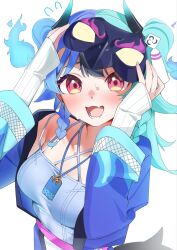  1girl achichi_mela aqua_hair black_hair black_horns black_mask blue_camisole blue_hair blue_happi braid camisole commentary_request eye_mask fang flying_sweatdrops gradient_horns hair_ornament happi highres hololive horns japanese_clothes long_hair looking_at_viewer mask mask_on_head multicolored_hair multicolored_horns open_mouth pink_eyes pinkucatjs skin_fang solo split-color_hair sweatdrop tassel tassel_hair_ornament two_side_up virtual_youtuber 