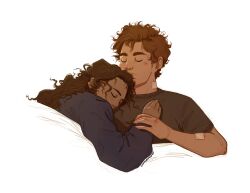  anxiouspineapples bandages blanket brown_hair closed_eyes couple curly_hair dark-skinned_female dark_skin highres long_hair long_sleeves lying lying_on_another marvel michelle_"mj"_jones on_back on_bed peter_parker short_hair sleeping sleeping_together spider-man spider-man_(series) tom_holland zendaya 