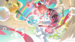  1girl :d absurdres aqua_bow aqua_bowtie aqua_eyes aqua_hair aqua_ribbon blue_sky bow bowtie bubble capelet chinese_commentary commentary_request cowboy_shot daisy_(flower) dress drill_hair feathered_wings flower gold_trim gradient_hair hat highres honkai:_star_rail honkai_(series) hyacine_(honkai:_star_rail) little_ica_(honkai:_star_rail) memosprite multicolored_hair on_swing outdoors pantyhose pegasus pink_hair rainbow red_dress red_hat red_ribbon ribbon shen_shen_ruqi sidelocks sitting skirt sky smile solo_focus sunflower swing twin_drills white_capelet white_flower white_pantyhose white_skirt white_sleeves white_wings wings yellow_flower yellow_pupils 