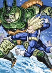  armor arthropod_boy black_nails bloodshot_eyes blue_background blue_bodysuit bodysuit boots cell_(dragon_ball) clenched_teeth colored_skin dragon_ball dragon_ball_z dynamic_pose fighting flying gloves green_eyes green_skin highres matsubara_toshi muscular muscular_male ocean one_eye_closed pink_lips saiyan_armor semi-perfect_cell splashing spotted_skin super_saiyan super_saiyan_1 tail teeth vegeta veiny_face veiny_neck water white_armor white_boots white_gloves 