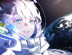  1boy 1girl absurdres asymmetrical_bangs cyberpunk:_edgerunners cyberpunk:_edgerunners_1 cyberpunk_(series) david_martinez earth_(planet) eyeliner helmet highres kumah_dessu lucy_(cyberpunk) makeup multicolored_eyes on_moon planet space space_helmet spacesuit 