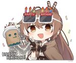  1girl :d ahoge bangs birthday brown_capelet brown_cloak brown_corset brown_eyes brown_hair cake_hat capelet cloak confetti corset english_text eyewear_on_head feather_hair_ornament feathers friend_(nanashi_mumei) funny_glasses glasses gloves gyaheung hair_ornament hairclip happy_birthday hololive hololive_english long_hair looking_at_viewer multicolored_hair nanashi_mumei nanashi_mumei&#039;s_horror_painting partially_fingerless_gloves party_whistle ponytail ribbon shirt smile streaked_hair v very_long_hair virtual_youtuber white_shirt 