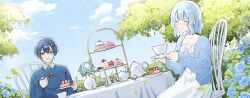  1boy 1girl blue_eyes blue_flower blue_hair blue_jacket blue_sky blue_sweater cake closed_eyes closed_mouth clouds cup cupcake dress flower food highres holding holding_cup holding_plate jacket nozawa_(nooo1709) open_mouth original outdoors plant plate potted_plant shirt sky sweater tea_party teacup teapot tree white_dress white_flower white_shirt 