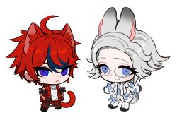  2boys :< ahoge alternate_costume animal_ear_fluff animal_ears aotsuki_eito black_bow black_hair black_shoes blue_bow blue_eyes blue_sweater_vest bow cat_boy cat_ears cat_tail chibi chibi_only closed_mouth collared_shirt commentary_request fug_uai grey_hair hair_between_eyes highres jacket jewelry lapels male_focus multicolored_hair multiple_boys necklace notched_lapels open_clothes open_jacket pants plaid_clothes plaid_jacket plaid_pants rabbit_boy rabbit_ears rabbit_tail red_hair red_jacket ribbon shirt shoes short_hair simple_background smile streaked_hair sumino_takumi sweater_vest tail the_hundred_line_-last_defense_academy- two-tone_hair white_background white_jacket white_pants white_ribbon white_shirt 