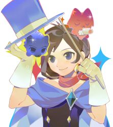  1girl ace_attorney adoptive_parent_and_adoptive_child animal_on_head animalization antenna_hair ascot black_shirt blue_cape blue_eyes blue_fur blue_hat brooch brown_hair cape chibi chibikemo closed_eyes closed_mouth commentary cup diamond-shaped_earrings diamond_(shape) diamond_earrings earrings father_and_child father_and_daughter gem gloves green_gem hat highres holding holding_baton holding_cup holding_unworn_clothes holding_unworn_hat jewelry looking_at_another magician miles_edgeworth on_head parent_and_child parted_bangs phoenix_wright qsfbbzzqndp red_fur red_scarf scarf shirt short_hair smile sparkle top_hat trucy_wright untranslatable_commentary unworn_hat unworn_headwear upper_body white_ascot white_background white_gloves wolf 