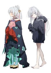  2girls absurdres aged_down alternate_costume bare_legs bare_shoulders barefoot black_hoodie black_kimono blue_eyes blunt_ends blush cho_kaguya-hime! closed_mouth colored_extremities colored_inner_hair commentary_request criss-cross_halter dot_nose dual_persona expressionless feet genkounikki01 ghost_pose hair_down hair_flowing_over hair_ornament hair_rings halterneck hands_up head_tilt heel_up high_heels highres hood hood_down hoodie japanese_clothes kanzashi kimono legs long_hair long_sleeves looking_at_viewer medium_hair multicolored_eyes multicolored_hair multiple_girls nail_polish off_shoulder pink_streaks platform_heels print_kimono profile purple_nails purple_ribbon red_trim ribbon ribbon-trimmed_sleeves ribbon_trim runami_yachiyo runami_yachiyo_(chibi) runami_yachiyo_(tsukuyomi) shoes simple_background sleeves_past_fingers sleeves_past_wrists standing straight_hair streaked_hair thick_eyebrows toenail_polish toenails toes twintails two-sided_fabric two-tone_eyes umbrella_octopus violet_eyes walking white_background white_hair yellow_shoes 