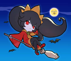  1girl absurdres ashley_(warioware) bat_(animal) big_hair black_hair broom broom_riding closed_mouth crossed_legs dot_nose dress expressionless full_body hairband highres long_hair long_sleeves neckerchief night no_pupils orange_neckerchief pantyhose red_dress red_eyes red_shoes sach56000 shoes sidesaddle skull solo tiara twintails very_long_hair warioware 