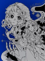  1girl absurdres ai_(keliandeaai) blue_background chinese_commentary chinstrap coif commentary_request coppelia_(reverse:1999) greyscale_with_colored_background hand_up highres looking_at_viewer looking_up mechanical_arms multiple_views parted_lips prosthesis prosthetic_arm reverse:1999 shirt short_hair single_mechanical_arm skirt 