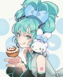  1girl :3 :q aqua_eyes aqua_hair aqua_nails aqua_necktie blue_bow bow cherico cinnamiku cinnamon_roll cinnamoroll closed_mouth cosplay detached_sleeves dotted_background food fork fork_hair_ornament hair_bow hatsune_miku hatsune_miku_(cosplay) highres holding holding_fork knife_hair_ornament looking_at_viewer necktie number_tattoo sanrio solo tattoo tied_ears tongue tongue_out updo upper_body vocaloid 