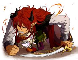  1boy 1girl all_fours black_horns black_shorts blonde_hair bracer brown_pants brown_streaks clenched_teeth colored_skin commentary_request couple dark-skinned_male dark_skin demon_boy dragon_quest dragon_quest_x elf_(dq10) facial_hair fangs fur_vest gloves green_eyes headband height_difference hetero highres holding holding_sword holding_weapon horns long_hair multicolored_hair nana_(nanamono_0414) nanamono_0414 oc_x_canon one_eye_closed orange_gloves pants pointy_ears protecting red_hair red_headband red_sash sash shirt shorts size_difference streaked_hair stubble sweatdrop sword teeth weapon white_background white_shirt yellow_eyes yushuka_(dragon_quest) 