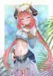  1girl arabian_clothes blurry_background blush dancer dripping green_eyes hand_on_own_chest horns long_hair looking_at_viewer navel nilou_(genshin_impact) plant red_eyes simple_background smile solo solo_focus stomach sweat twintails wet 