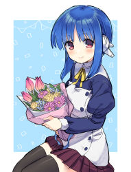  1girl android black_thighhighs blue_background blue_flower blue_hair blue_shirt border bouquet closed_mouth confetti flower highres holding holding_bouquet ilfa_(to_heart) juliet_sleeves long_sleeves looking_at_viewer looking_to_the_side namamoto neck_ribbon outside_border pennant pink_flower puffy_sleeves red_eyes ribbon robot_ears shirt short_hair sitting smile solo string_of_flags thigh-highs to_heart_(series) to_heart_2 white_border yellow_flower yellow_ribbon 