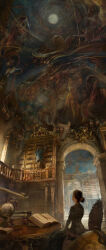  1boy 1girl absurdres arch aristocratic_clothes artist_name beast_(disney) beauty_and_the_beast_(disney) belle_(disney) book book_stack bookshelf celestial_globe concept_art dated disney european_architecture globe gold_trim hair_bun high_ceiling highres karl_simon_gustafsson ladder library mural official_art on_ladder open_book rococo_movement sitting star_(symbol) telescope vaulted_ceiling 