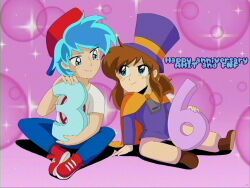  1990s_(style) 1boy 1girl a_hat_in_time ankle_boots backwards_hat baseball_cap blue_eyes blue_hair blue_pants boots boyfriend_(friday_night_funkin') brown_boots brown_hair brown_pants cape child closed_mouth commentary crossover english_commentary english_text faux_retro_artstyle friday_night_funkin' hand_on_ground happy_anniversary hat hat_kid hat_ribbon highres jacket kokorohatsaru long_sleeves looking_at_another medium_hair multicolored_shoes pants pink_background ponytail purple_hat purple_jacket red_hat red_shoes retro_artstyle ribbon shadow shirt shoes short_hair short_sleeves sidelocks sitting smile sneakers t-shirt top_hat two-tone_shoes white_shirt white_shoes yellow_cape yellow_ribbon zipper_pull_tab 
