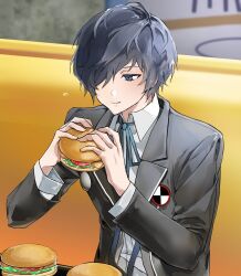  1boy blazer blue_eyes blue_hair blue_ribbon burger collared_shirt food gekkoukan_high_school_uniform hair_over_one_eye highres holding holding_burger holding_food jacket long_sleeves male_focus nokcho2d open_clothes open_jacket persona persona_3 ribbon school_uniform shirt short_hair smile solo wavy_hair white_shirt yuuki_makoto_(persona_3) 