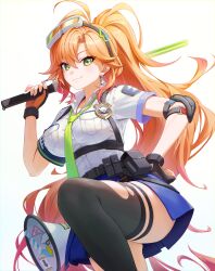  1girl absurdres antenna_hair bag blue_skirt blue_vest breasts chopchopguy collared_shirt commentary_request cowboy_shot cropped_vest earrings elbow_pads fingerless_gloves fire_hair_ornament gloves goggles goggles_on_head green_eyes green_necktie half-skirt hand_on_own_hip hand_up highres holding_baton hololive hyakuto_kyoko jewelry leg_up lightning_bolt_earrings lightning_bolt_symbol long_hair looking_at_viewer megaphone multi-strapped_camisole multicolored_hair neck_pouch necktie orange_hair pink_hair police police_badge police_uniform policewoman shirt short_sleeves simple_background single_elbow_pad single_thighhigh skirt smile solo thigh-highs thighs torn_clothes torn_thighhighs very_long_hair vest virtual_youtuber white_shirt 