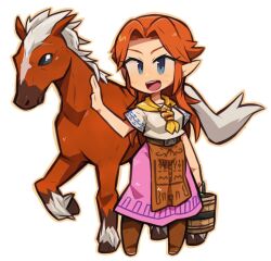  1girl animal belt brown_hair bucket commentary_request deformed epona horse ibara. long_hair looking_at_viewer malon open_mouth pointy_ears skirt smile the_legend_of_zelda the_legend_of_zelda:_ocarina_of_time 