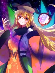  1girl absurdres aura black_hat black_trim blonde_hair blush breasts closed_mouth commentary_request constellation constellation_print cowboy_shot detached_sleeves dot_nose drum floral_print green_skirt hair_between_eyes hand_up hat highres instrument long_sleeves looking_at_viewer matara_okina medium_breasts orange_sleeves orange_tabard purple_background red_eyes red_pupils shi_ren_ne shirt shirt_tucked_in sidelocks skirt sky smile solo split_mouth standing star_(sky) starry_sky sun_print sun_symbol tabard tate_eboshi touhou tsuzumi white_shirt wide_sleeves 
