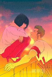  1boy 1girl bandana_around_arm black_hair blunt_bangs closed_mouth commentary_request dated earrings eye_contact green_hair high_heels jewelry looking_at_another nico_robin one_piece profile roronoa_zoro shirt short_hair sideburns squatting sunset sword t-shirt tamago_(tamago009003) weapon 