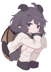  1girl absurdres ahoge black_eyes black_hair black_shoes black_skirt chibi dragon_girl dragon_horns dragon_tail dragon_wings full_body highres horns kidian_(trickcal) leg_warmers loafers pointy_ears school_uniform shoes short_hair skirt squatting tail trickcal wall228090611 white_background white_leg_warmers wings 