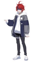  1boy absurdres antenna_hair black_hair black_pants blue_eyes blue_jacket commentary_request drawstring fug_uai full_body grey_jacket hand_up highres hood hood_down hoodie jacket jacket_over_hoodie long_sleeves male_focus multicolored_hair multicolored_jacket open_clothes open_jacket open_mouth pants red_hair sanpaku shoes short_hair simple_background sleeves_past_wrists solo streaked_hair sumino_takumi teeth the_hundred_line_-last_defense_academy- thigh_strap tsurime two-tone_hair two-tone_jacket upper_teeth_only white_background white_hoodie white_shoes 