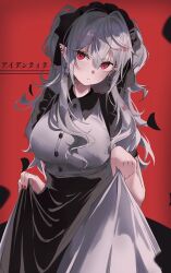 1girl breasts closed_mouth collared_dress commentary dress ear_piercing earrings genderswap genderswap_(mtf) grey_hair hair_between_eyes highres holding_own_dress identity_(vocaloid) iruan jewelry large_breasts long_hair looking_at_viewer maid maid_headdress nail_polish nijisanji official_alternate_costume piercing pointy_ears red_background red_eyes red_nails sanya_(nijisanji) short_sleeves solo song_name star_(symbol) star_earrings translated two_side_up virtual_youtuber white_dress 