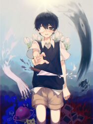  1boy absurdres antenna_hair big_yellow_cat_(omori) black_eyes black_hair black_sweater_vest bright_pupils brown_shorts chinese_commentary collared_shirt commentary_request cowboy_shot english_commentary eyepatch flower highres knife looking_at_viewer makucrp male_focus medical_eyepatch mixed-language_commentary omori open_mouth shirt short_hair short_sleeves shorts smile solo something_(omori) spoilers sunny_(omori) sweater_vest tulip white_flower white_pupils white_shirt white_tulip 