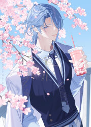  1boy against_railing blue_hair blue_necktie blue_sweater_vest blurry branch cherry_blossoms collared_shirt commentary_request contrast_lapels cup curtained_hair day depth_of_field disposable_cup drink drinking_straw falling_petals genshin_impact hair_over_one_eye hand_up highres holding holding_cup jacket jacket_on_shoulders kamisato_ayato lapels light_smile long_sleeves looking_at_viewer male_focus medium_hair necktie official_alternate_costume outdoors parted_bangs parted_lips petals railing shirt solo sweater_guard sweater_vest uji_n untucked_shirt upper_body violet_eyes white_jacket white_shirt 