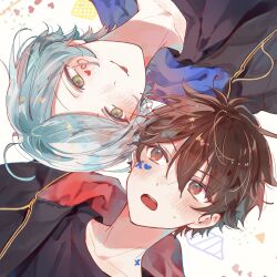  2boys ahoge black_shirt blue_hair blush brown_hair commentary_request ensemble_stars! green_hair heart highres hood hood_down looking_at_another male_focus morisawa_chiaki multiple_boys nazuna_(nazuna_su) nervous_sweating open_mouth red_eyes shinkai_kanata shirt short_hair star_(symbol) sweat teeth tongue tongue_out upper_teeth_only 
