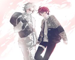  2boys ahoge aotsuki_eito bag black_gloves black_hair black_jacket black_pants closed_eyes drawstring duffel_bag gimnagy67859309 gloves grey_hair grey_jacket hair_between_eyes high_collar highres holding holding_bag holding_hands hood hood_down hoodie jacket jacket_over_hoodie long_sleeves male_focus multicolored_hair multicolored_jacket multiple_boys open_clothes open_jacket open_mouth pants red_hair short_hair smile streaked_hair sumino_takumi sunglasses the_hundred_line_-last_defense_academy- thigh_strap two-tone_hair two-tone_jacket white_hoodie white_jacket white_pants zipper_pull_tab 