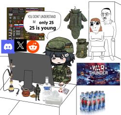  1boy 2girls ammunition_pouch armband at_computer black_eyes black_hair blonde_hair body_armor camouflage camouflage_armor camouflage_helmet camouflage_jacket camouflage_vest cat_hair_ornament chudjak combat_helmet commentary digital_camouflage discord discord_logo english_commentary goggles goggles_on_headwear hair_ornament helmet highres jacket jephy_0 kolovrat_(symbol) load-bearing_vest meme military_combat_uniform military_uniform monitor morale_patch multiple_girls one_side_up open_mouth original patch photo_inset pouch r-chan reddit reddit_logo ribbon_of_saint_george russian_ground_forces russo-ukrainian_war sitting soldier soyjak soyjak_request twitter twitter_x_logo v-shaped_eyebrows white_armband z_(russian_symbol) 