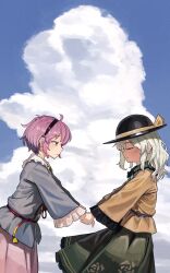  2girls absurdres black_hairband black_hat blue_shirt blue_sky bow buttons closed_eyes closed_mouth clouds collared_shirt commentary cumulonimbus_cloud day diamond_button floral_print frilled_shirt_collar frilled_sleeves frills green_hair green_skirt hairband hand_grab hat hat_bow heart_button highres komeiji_koishi komeiji_satori kougekiryoku long_sleeves multiple_girls pink_eyes pink_hair pink_skirt print_skirt ribbon-trimmed_collar ribbon_trim rose_print shirt siblings sisters skirt sky touhou wide_sleeves yellow_bow yellow_shirt 