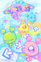  >_< 5others :d =_= alien antennae arrow_(symbol) artist_name bemani blue_skin chibi chibi_only clouds colored_skin colorful commentary cup dance_dance_revolution drink drinking drinking_straw english_commentary green_skin highres holding holding_cup holding_drink multiple_others neogeopet original other_focus pink_skin rainbow_theme rhythm_game sitting smile star_(symbol) ufo yellow_skin 