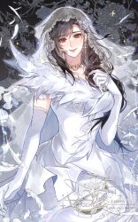  1girl alternate_costume artist_name black_hair braid breasts bridal_veil bride cowboy_shot dress earrings elbow_gloves english_commentary falling_feathers feather-trimmed_dress feathers final_fantasy final_fantasy_vii final_fantasy_vii_remake glint gloves highres hora_k jewelry large_breasts lips long_hair looking_at_viewer necklace pink_lips red_eyes see-through_clothes see-through_veil single_braid smile solo sparkle tifa_lockhart veil wedding_dress white_dress white_feathers white_gloves 