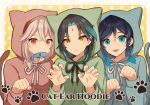  3boys :3 :d animal_ears animal_hood aqua_eyes aqua_hair bangs black_hair blue_hoodie border braid cat_ears cat_tail claw_pose closed_mouth commentary_request crossed_bangs diamond-shaped_pupils diamond_(shape) expressionless facial_mark fish fish_in_mouth forehead_mark genshin_impact gradient_hair green_hair green_hoodie hair_between_eyes hand_up hands_up highres hood hood_up hoodie kaedehara_kazuha long_sleeves looking_back male_focus medium_hair mouth_hold multicolored_hair multiple_boys open_mouth outside_border parted_bangs paw_pose paw_print polka_dot polka_dot_background red_eyes red_hoodie redhead short_hair side_braids sidelocks smile streaked_hair su34ma symbol-shaped_pupils tail twin_braids two-tone_hair upper_body venti_(genshin_impact) white_border white_hair xiao_(genshin_impact) yellow_background yellow_eyes 