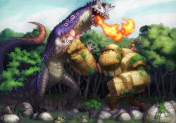  1boy 1girl animal backwards_hat baseball_cap black_eyes blue_gem breath_weapon breathing_fire claws clenched_hands colored_sclera commentary_request day duel externally_piloted_mecha fairy fire forehead_jewel frog gem giant giant_monster golem hat looking_at_another looking_up mecha monster original outdoors punching robot rock sharp_teeth smile standing stomach_punch surprised teeth tree urasato yellow_sclera 