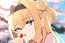  1girl :o backlighting black_hairband blonde_hair blue_eyes blurry blurry_background chitose_sana commentary_request day eyelashes eyes_visible_through_hair feeding_viewer fingernails food fruit hair_between_eyes hair_bun hair_intakes hairband hand_up holding holding_food holding_fruit long_hair looking_at_viewer one_side_up open_mouth outdoors pink_shirt portrait red_sailor_collar sailor_collar sakaki_asuka school_uniform serafuku shirt sidelocks solo strawberry sunlight tenshinranman 