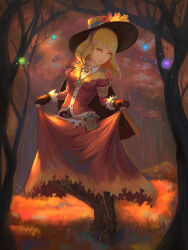  adapted_costume aki_shizuha autumn autumn_leaves belt belt_pouch blonde_hair boots brown_boots brown_gloves cape fingerless_gloves forest gloves hairband hat hat_ornament highres jewelry lace-up_boots leaf leaf_hat_ornament nature necklace orange_cape pendant pouch red_shirt red_skirt shirt skirt teasmacker touhou tree yellow_eyes yellow_hat 