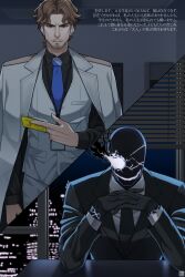  2boys absurdres beard_stubble black_fire black_necktie black_shirt black_skin black_suit black_suit_(blue_archive) blue_archive blue_necktie brown_eyes brown_hair business_suit canon_event card city_lights coat coat_on_shoulders colored_skin commentary_request commission cracked_skin credit_card dress_shirt elbow_on_table facial_hair fire glowing glowing_eye highres holding holding_card id_card indoors interlocked_fingers lanyard long_sleeves male_focus multiple_boys necktie night noonnoon531 one-eyed own_hands_together sensei_(blue_archive) shirt short_hair stubble suit translation_request vest white_coat white_shirt white_vest window window_blinds 