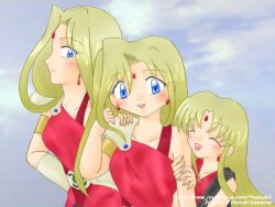  3girls armlet armor artist_name blonde_hair closed_eyes collarbone commentary_request dated dress earrings forehead_jewel gem gold_armlet hands_on_another's_arm hazuki-oc jewelry laia_i_(phantasy_star) laia_ii_(phantasy_star) laia_iii_(phantasy_star) long_hair mother_and_child mother_and_daughter multiple_girls open_mouth parent_and_child pauldrons phantasy_star phantasy_star_iii red_dress red_gem shoulder_armor siblings single_pauldron single_vambrace sisters sky smile vambraces web_address 
